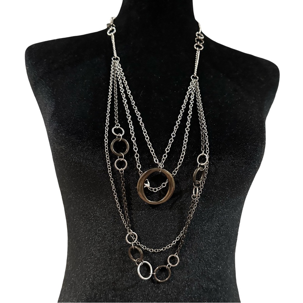 Layered Chain Necklace Silver Tone Hematite Geometric